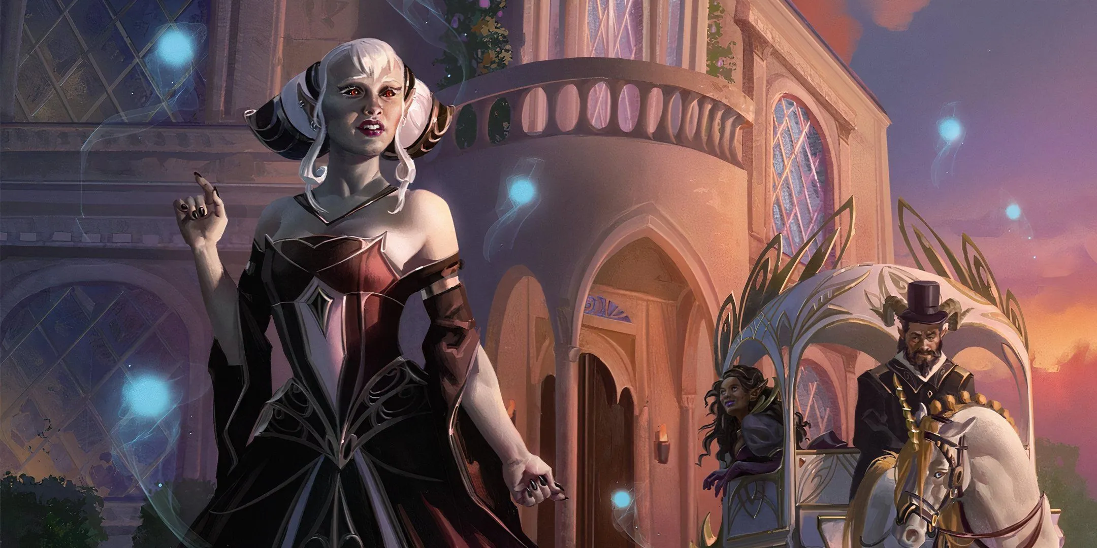 Một nữ chủ nhà chào đón khách tại biệt thự Feywild, minh họa khả năng trùng lặp class trong party D&amp;D.