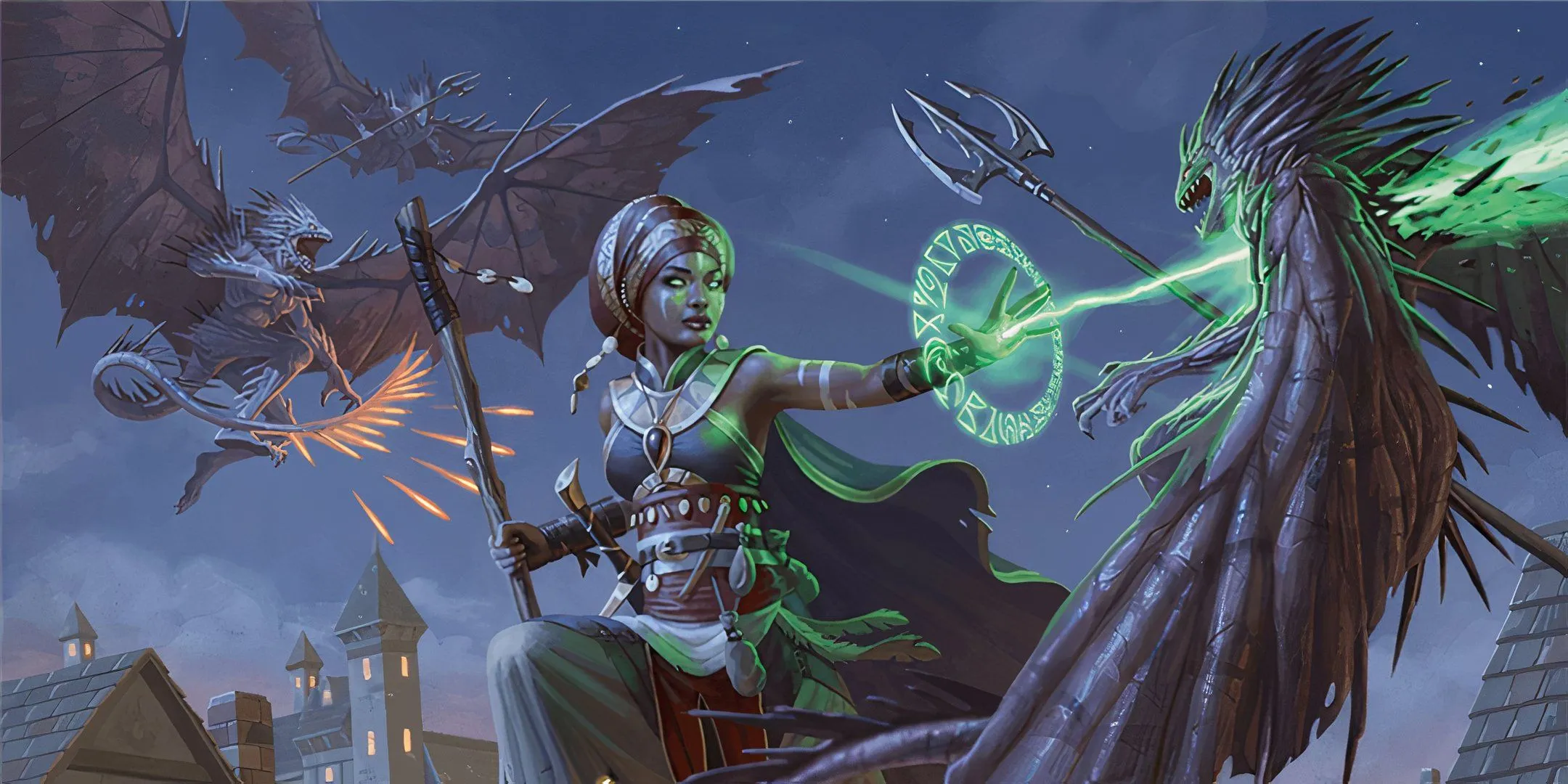 Một phù thủy trong cuộc truy đuổi trên mái nhà ở Waterdeep, thể hiện sự cần thiết của việc chuẩn bị phép thuật linh hoạt.