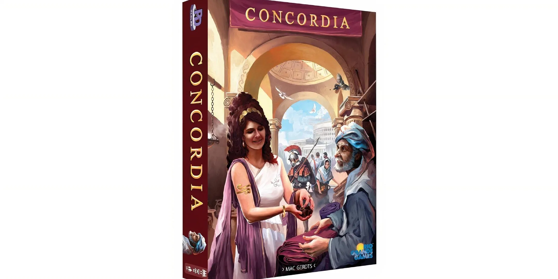 Nghệ thuật đồ họa tinh tế trên hộp board game Concordia, thể hiện bản đồ châu Âu cổ đại và các yếu tố kinh tế