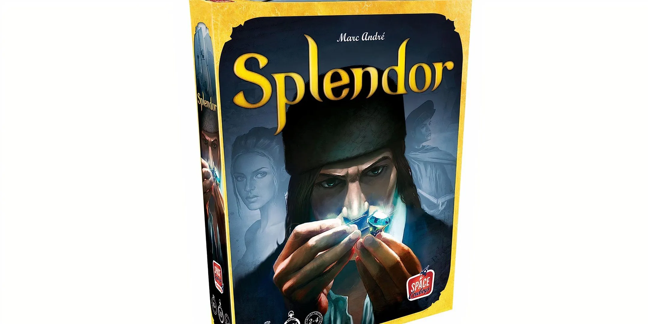 Nghệ thuật hộp game Splendor, với hình ảnh một người đàn ông nhìn vào viên đá quý, tượng trưng cho sự giàu có và buôn bán