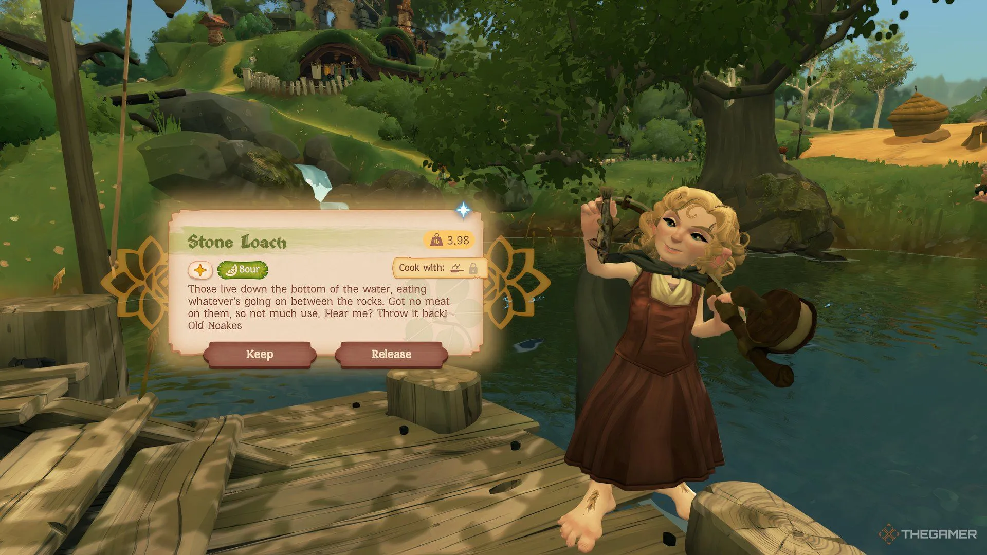 Người chơi vừa câu được cá Stone Loach trong Tales of the Shire, nguồn thu nhập chính và dồi dào.