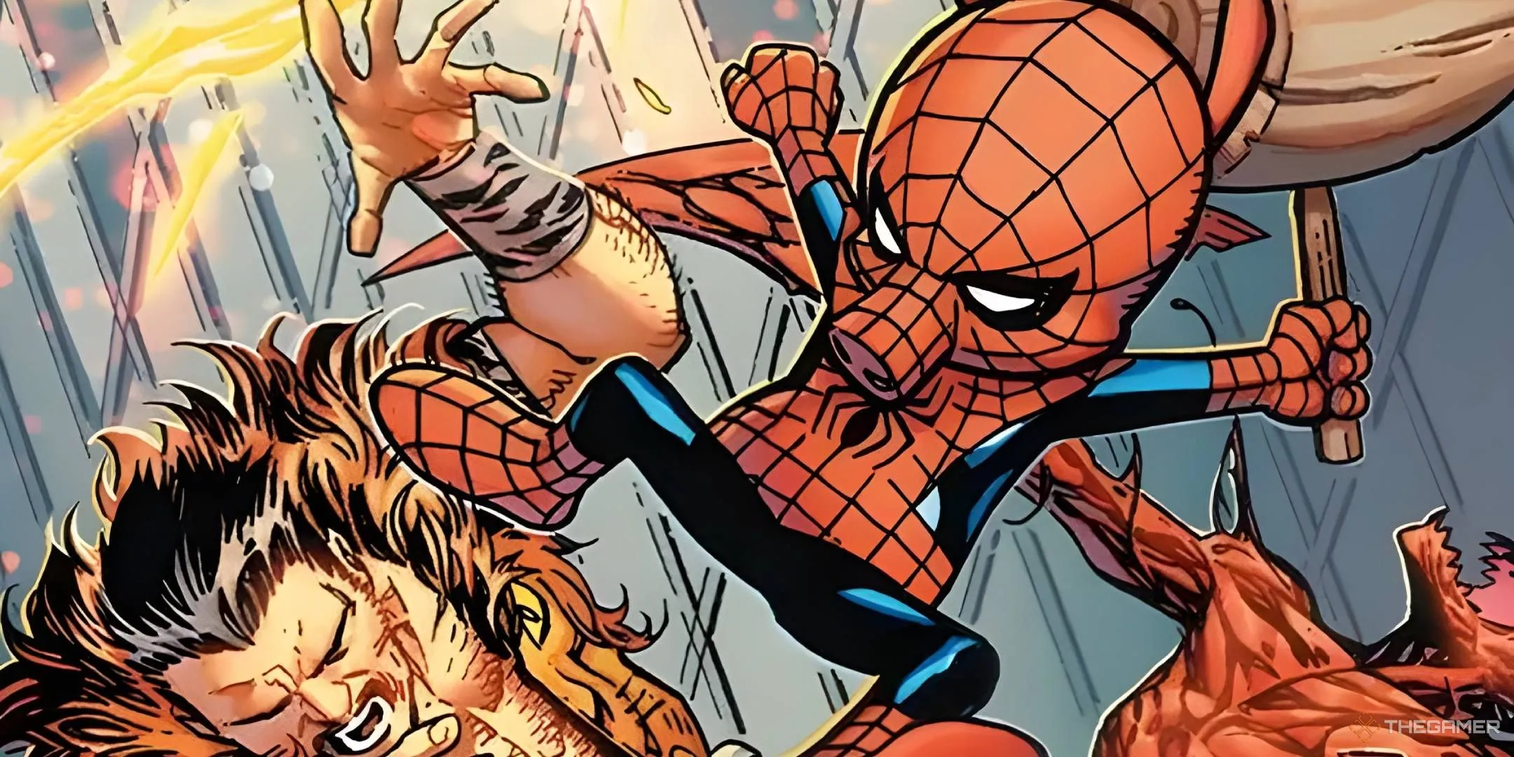 Người nhện Spider-Ham Peter Porker vung búa tấn công Kraven Thợ Săn trong trận đấu Magic The Gathering
