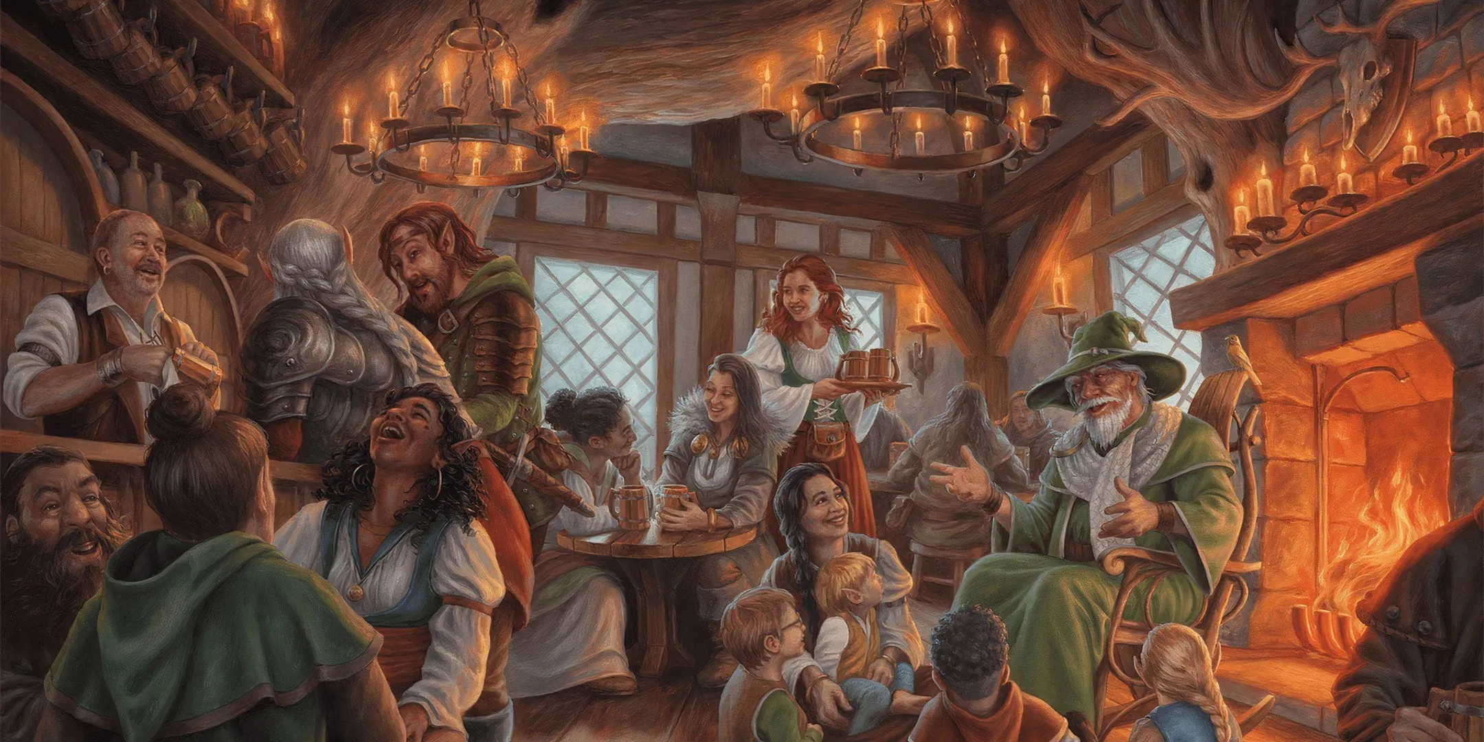 Quán rượu Dragonlance trong D&amp;D với ánh đèn ấm áp, tạo không khí nghỉ ngơi cho các nhà thám hiểm.