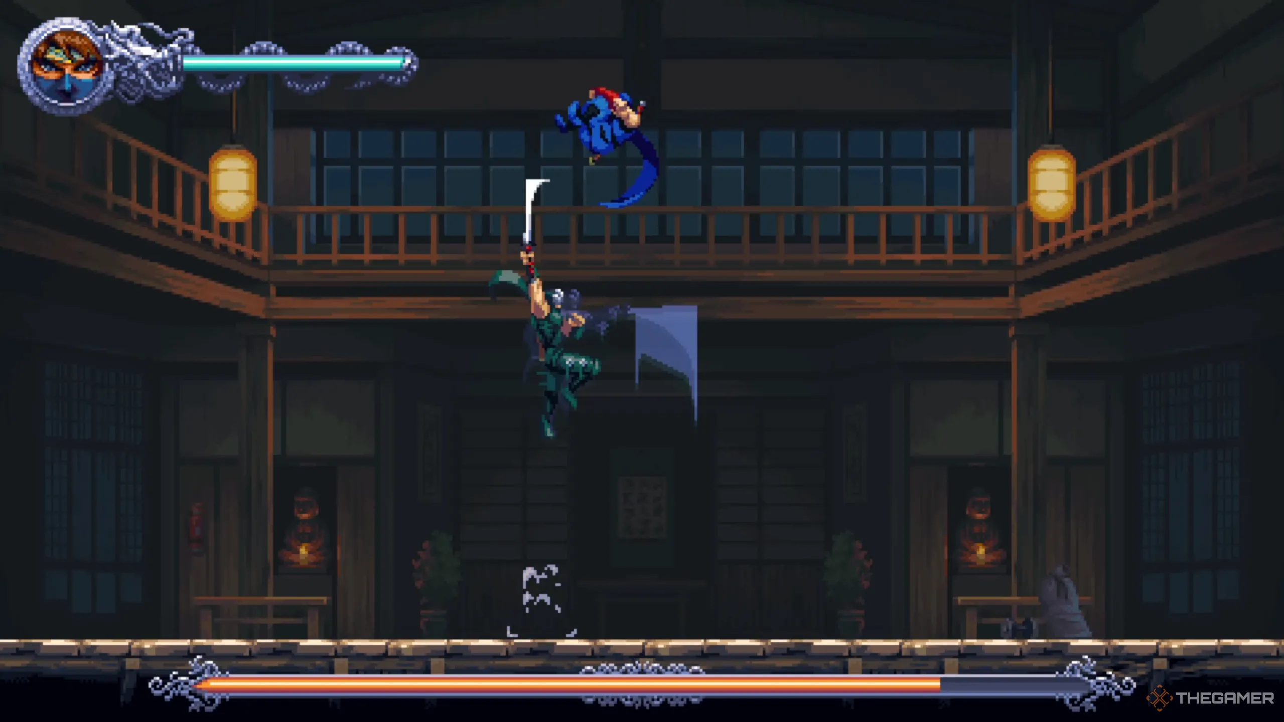 Ryu sử dụng đòn chém ngược kiếm vào Kenji trong Ninja Gaiden: Ragebound