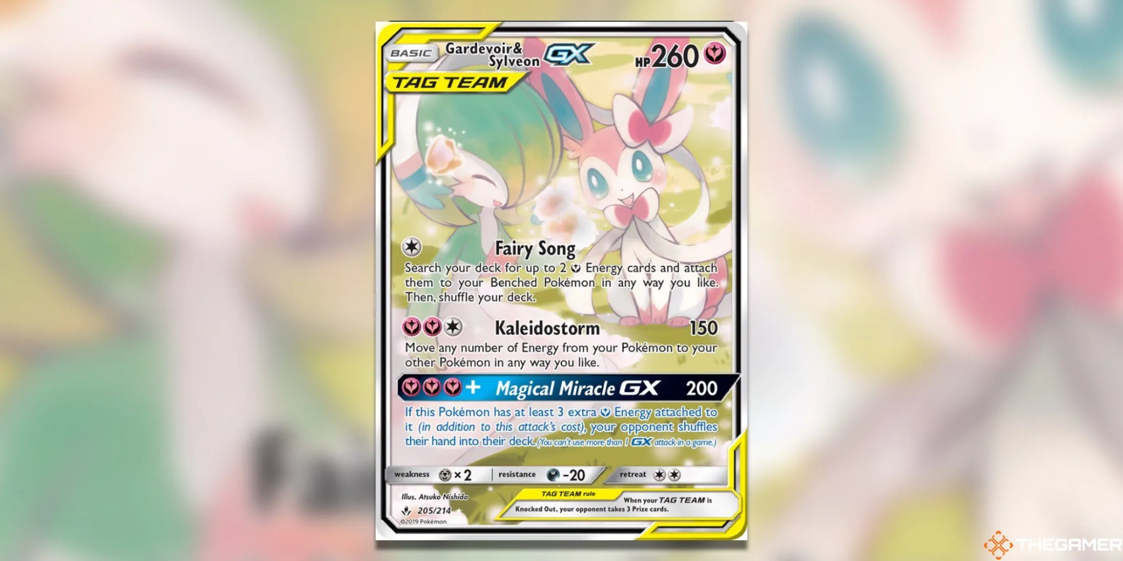 Thẻ bài Pokemon TCG Gardevoir &amp; Sylveon GX Alternate Full Art từ Unbroken Bonds, một sự hợp tác kinh điển của hai Pokemon hệ Fairy.
