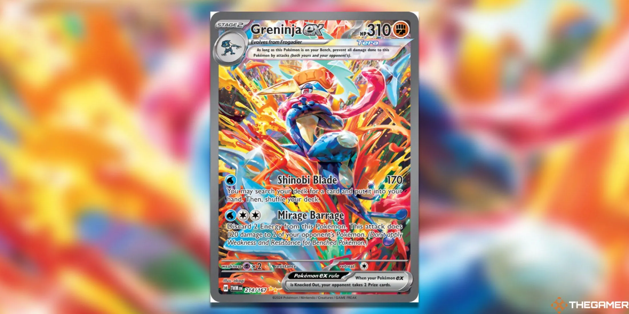 Thẻ bài Pokemon TCG Greninja ex Special Illustration Rare từ Twilight Masquerade, một biểu tượng mới trong kỷ nguyên Scarlet &amp; Violet với artwork sống động.