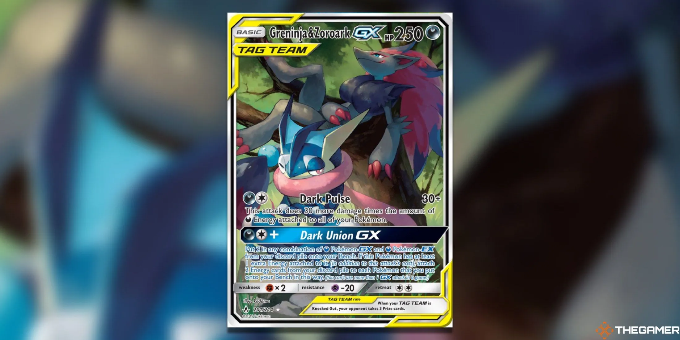 Thẻ bài Pokemon TCG Greninja &amp; Zoroark GX Alternate Full Art từ Unbroken Bonds, thể hiện sự kết hợp sức mạnh đỉnh cao của hai ninja.