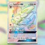 Thẻ bài Pokemon TCG Sylveon GX Secret Rare từ set Guardians Rising, thể hiện sự lộng lẫy và giá trị cao.