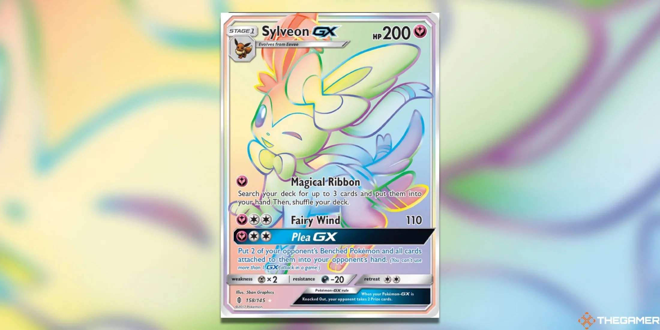 Thẻ bài Pokemon TCG Sylveon GX Secret Rare từ set Guardians Rising, thể hiện sự lộng lẫy và giá trị cao.