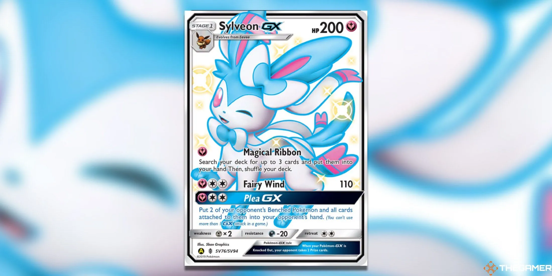 Thẻ bài Pokemon TCG Sylveon Shiny Holo Rare từ Hidden Fates Shiny Vault, với phối màu kẹo bông rực rỡ và hiệu ứng lấp lánh thu hút.