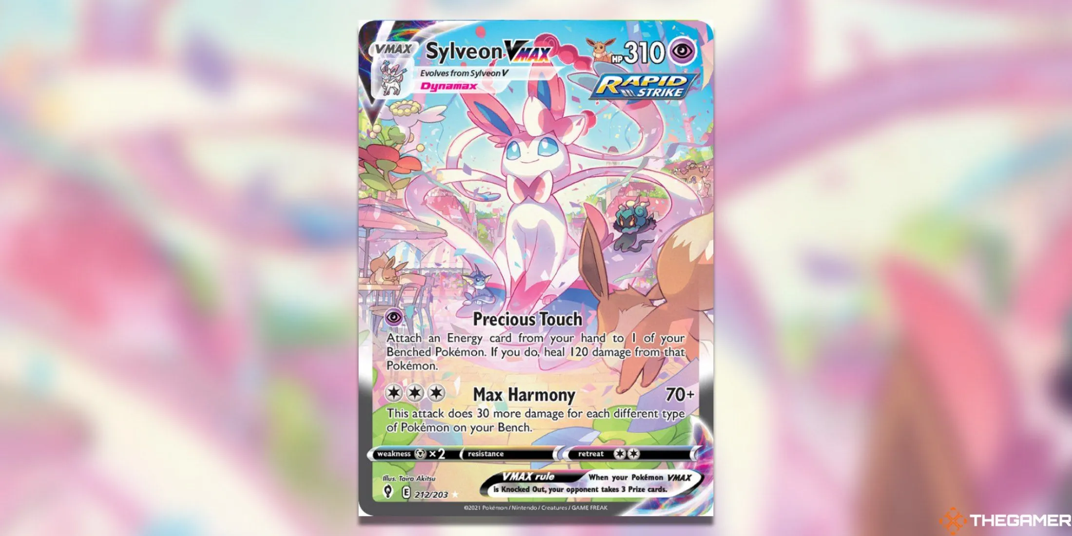 Thẻ bài Pokemon TCG Sylveon VMAX Alternate Art Secret từ set Evolving Skies, với hình ảnh Sylveon bay lượn cùng nhiều Pokemon nhỏ khác trong khung cảnh đầy màu sắc.