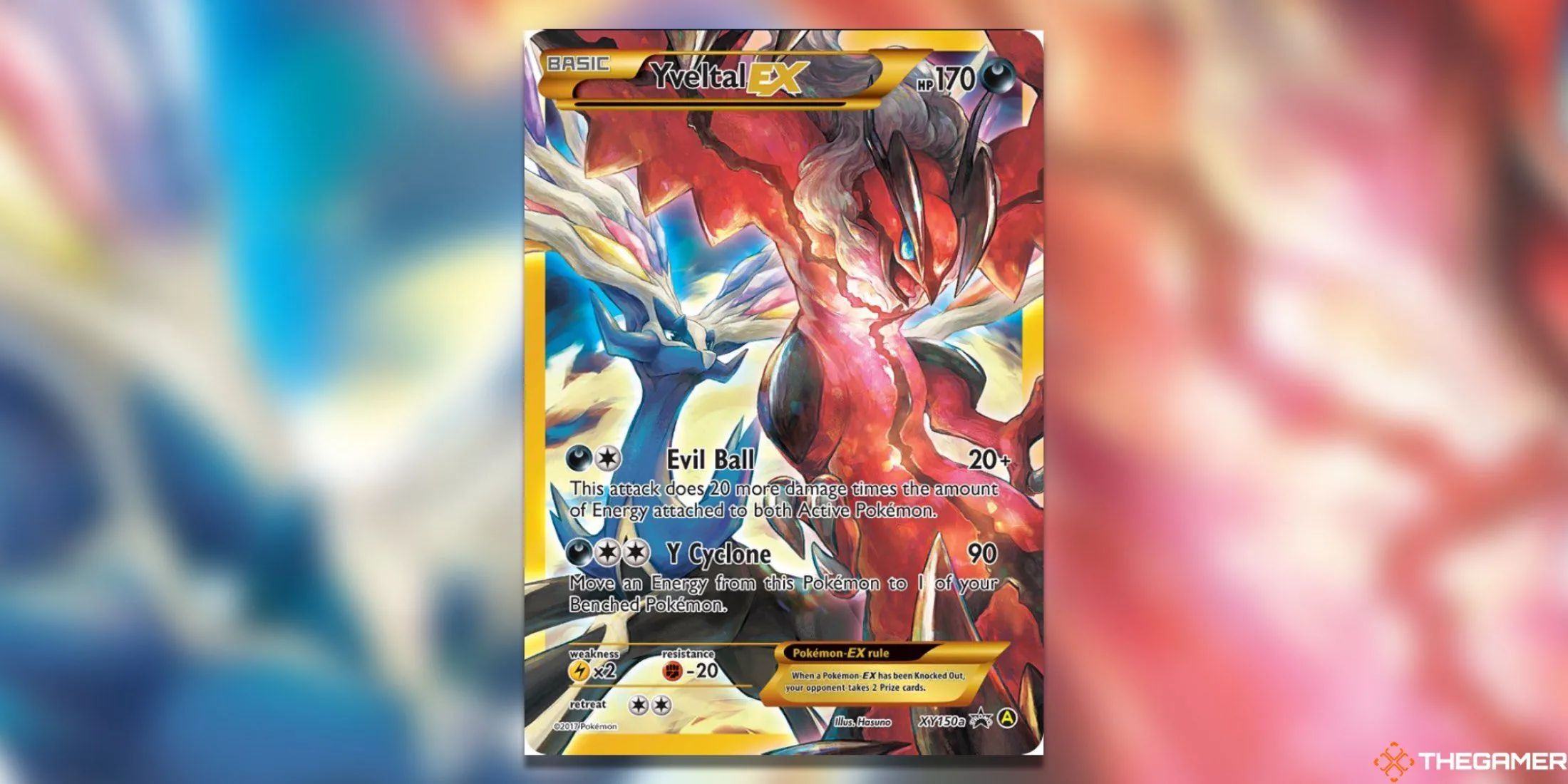 Thẻ bài Pokemon TCG Yveltal EX Alternate Art Promo, với sự hiện diện mạnh mẽ của Yveltal và Xerneas, biểu tượng của sức mạnh Kalos.