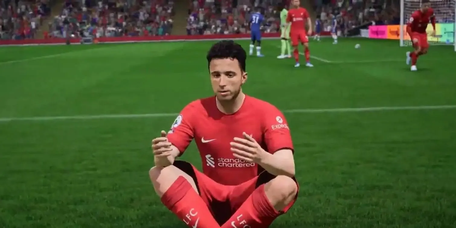 Tiền đạo Diogo Jota của Liverpool ăn mừng bàn thắng với phong cách quen thuộc trong FIFA 23