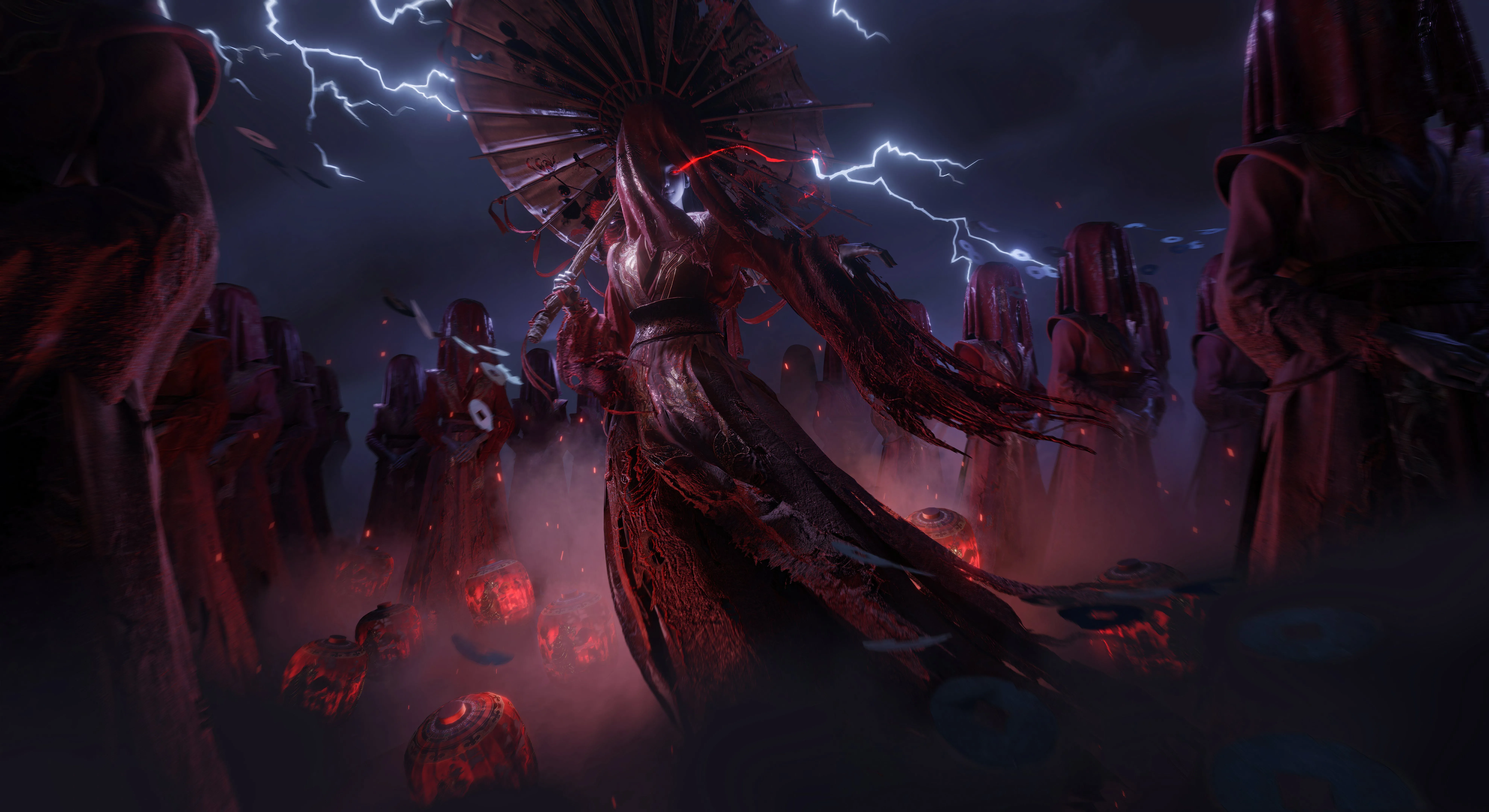 Trận đấu boss căng thẳng với quái vật Ghost Noble trong thế giới Where Winds Meet, minh họa hệ thống chiến đấu