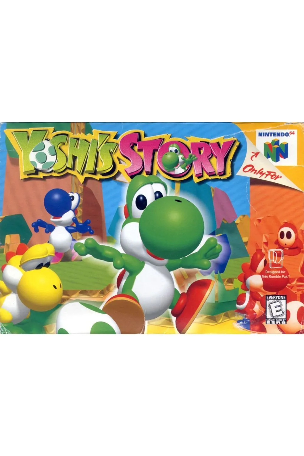 Yoshi cưỡi quả trứng trong Yoshi's Story, thể hiện phong cách đồ họa sách truyện.