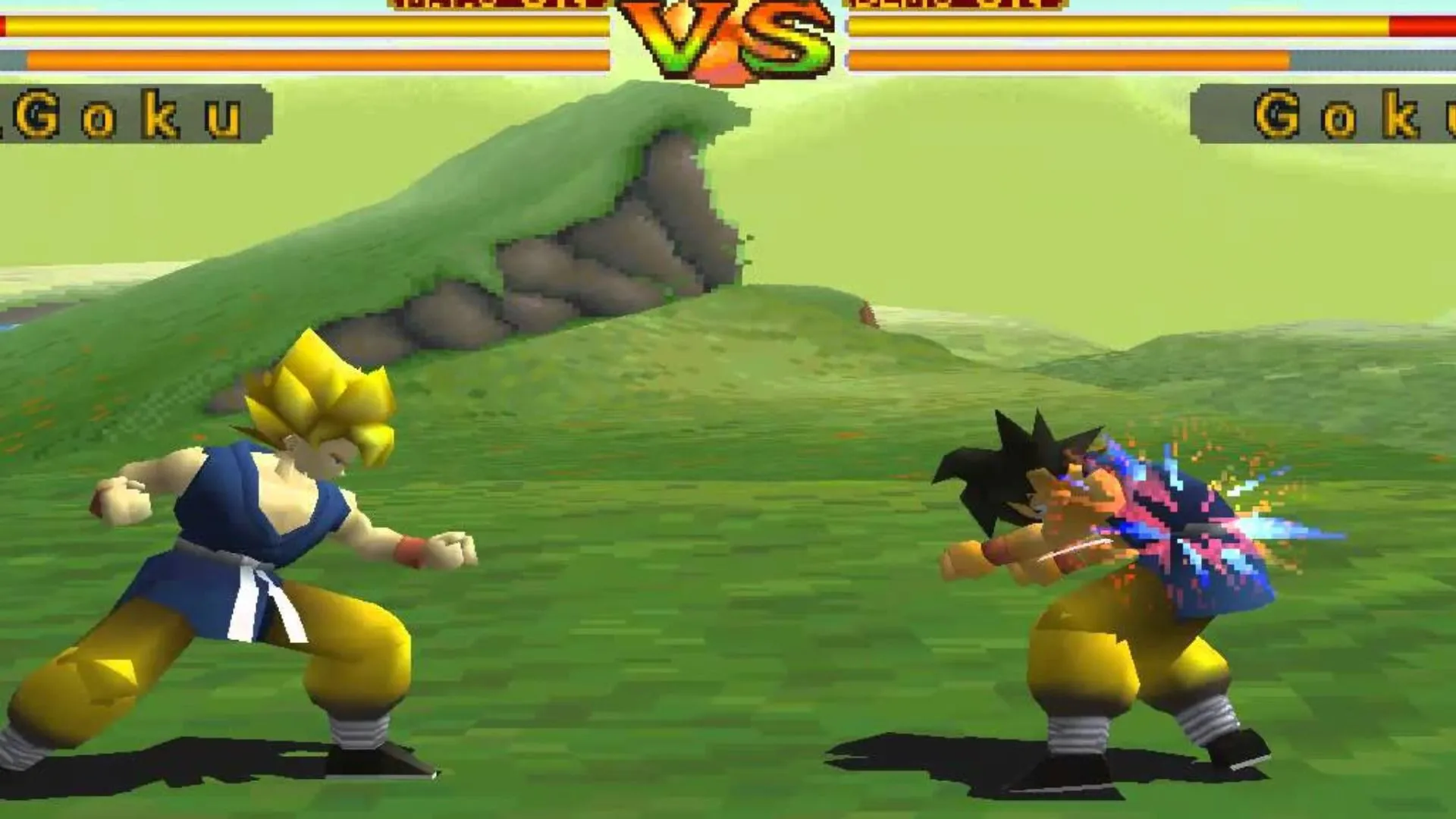 Ảnh gameplay Dragon Ball GT: Final Bout trên PS1, mô tả trận đấu và hiệu ứng yếu của energy blasts