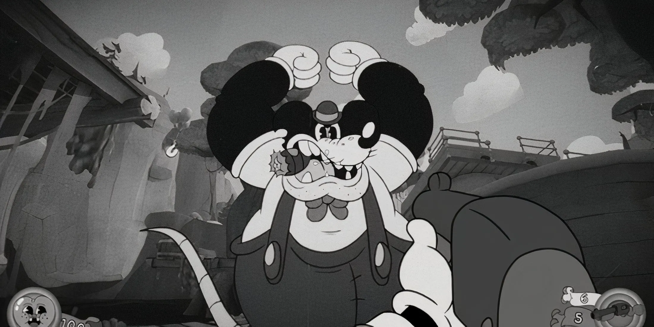 Ảnh gameplay/collage phong cách hoạt hình rubber-hose, gợi nhớ Cuphead