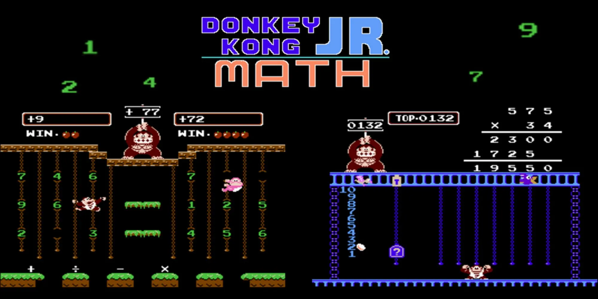 Ảnh quảng bá Donkey Kong Jr. Math trên NES với Donkey Kong Jr. và yếu tố toán học trong game