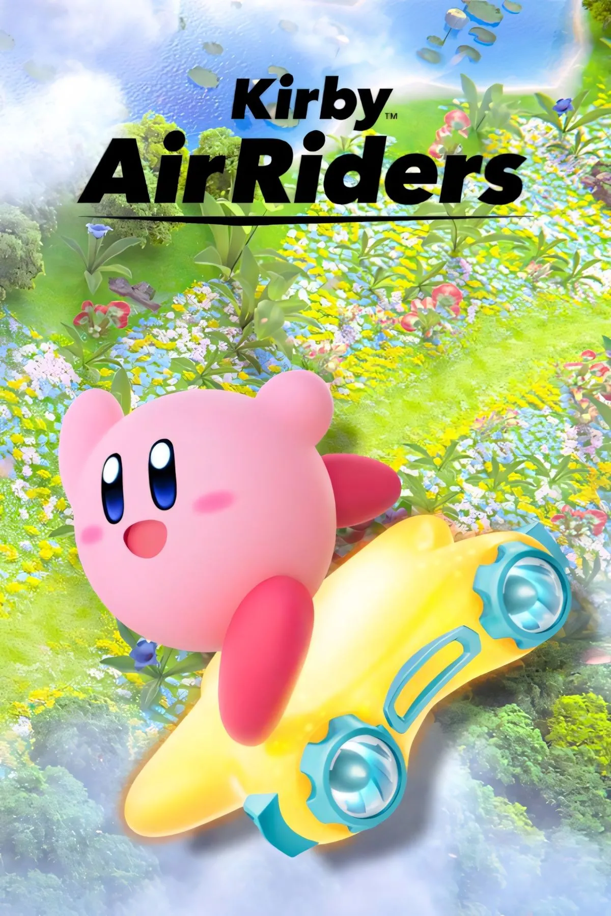 Artwork quảng bá Kirby Air Riders với Kirby và máy bay hơi trên nền phong cảnh đua