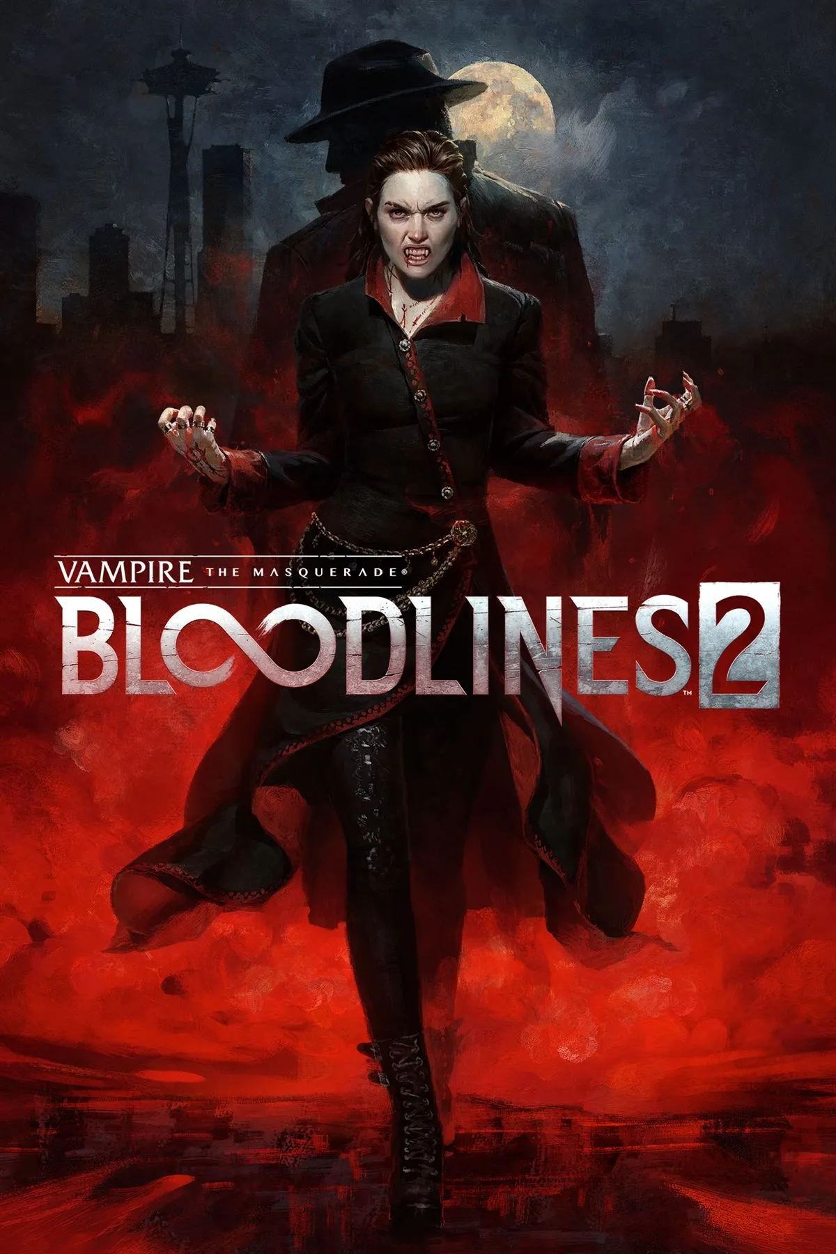 Bìa Vampire: The Masquerade – Bloodlines 2, cover art và logo phát hành trò chơi trên nền tối
