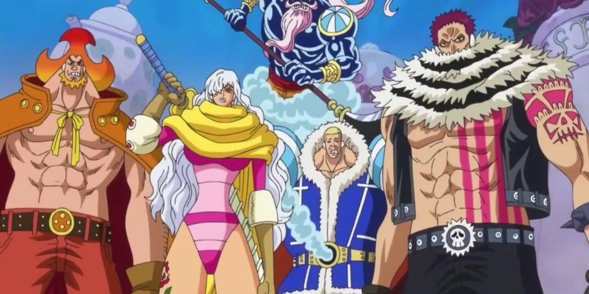 Big Mom cùng con cháu trong cung điện Totto Land, thể hiện quyền lực và quy mô băng