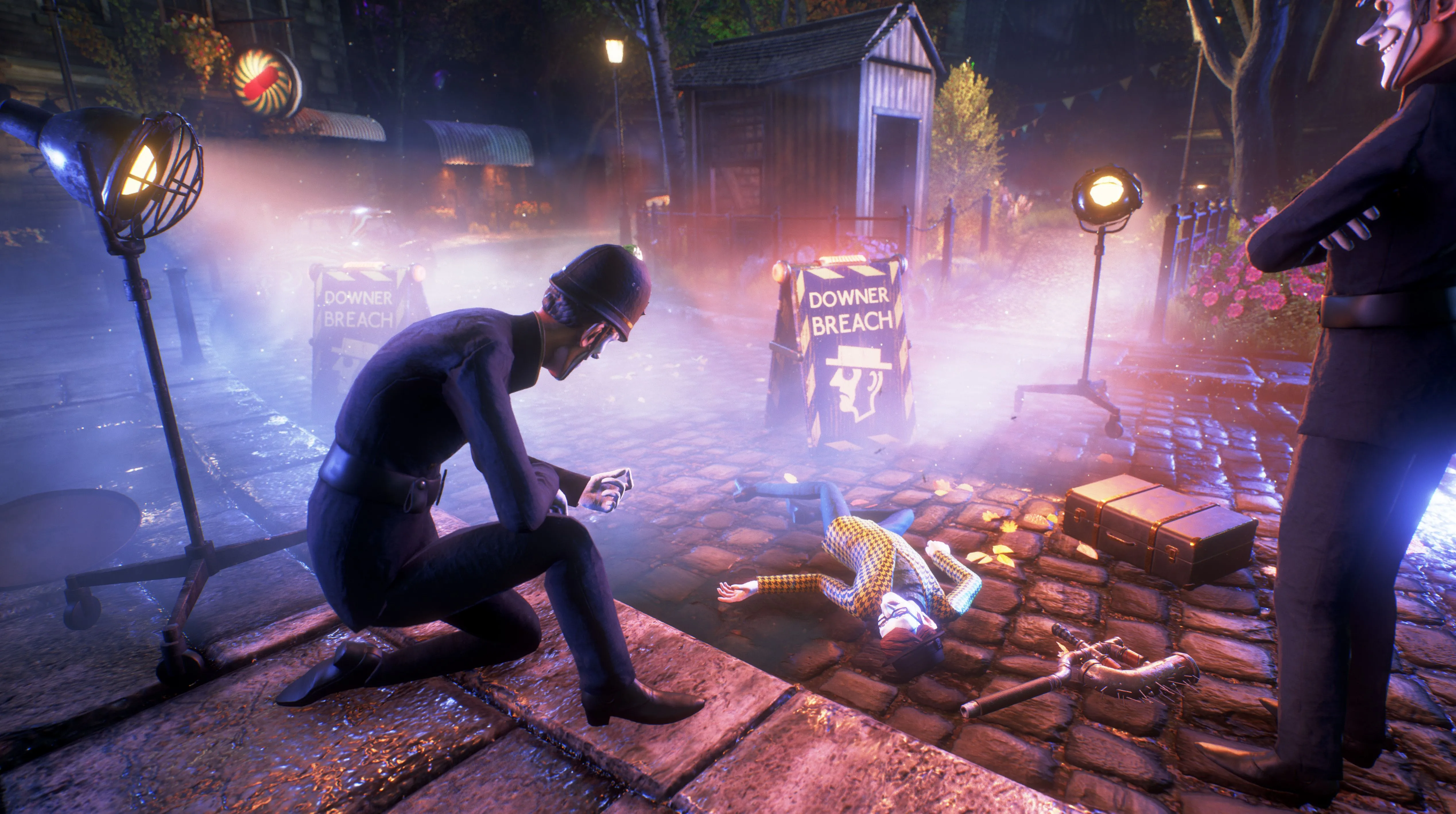 Bobbies kiểm tra thi thể ở We Happy Few – hình ảnh mô tả bầu không khí căng thẳng và sự chịu đựng của xã hội giả tạo