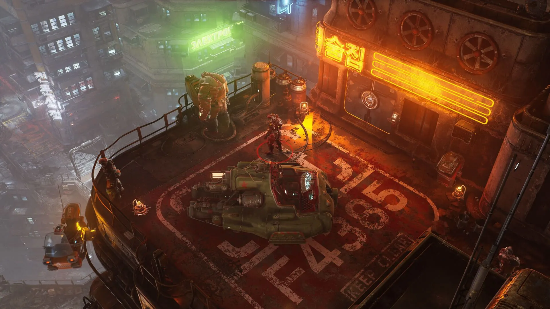Bối cảnh chiến đấu top-down trong The Ascent, khu đô thị cyberpunk rực rỡ đổ nát