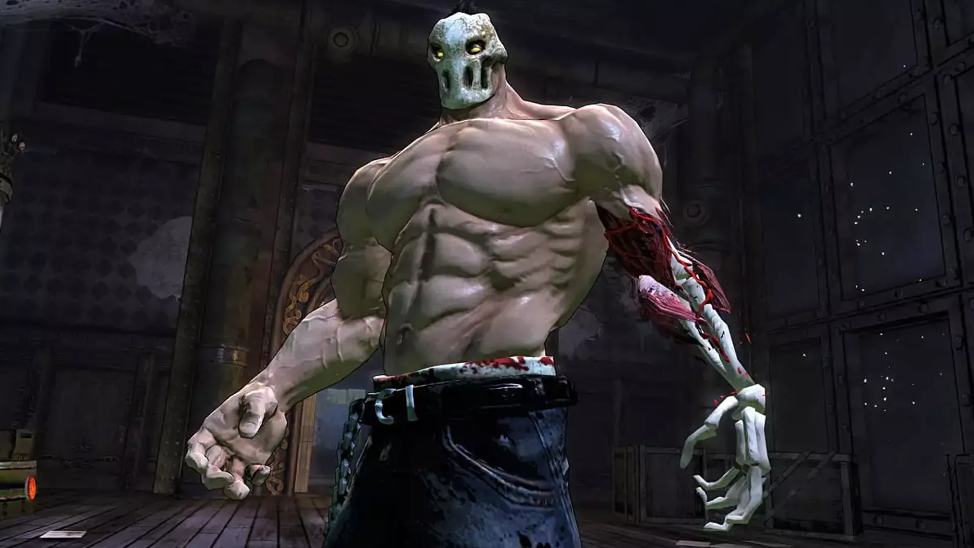 Cảnh Rick phục hồi cánh tay trong Splatterhouse, biểu tượng kinh dị và bạo lực của game