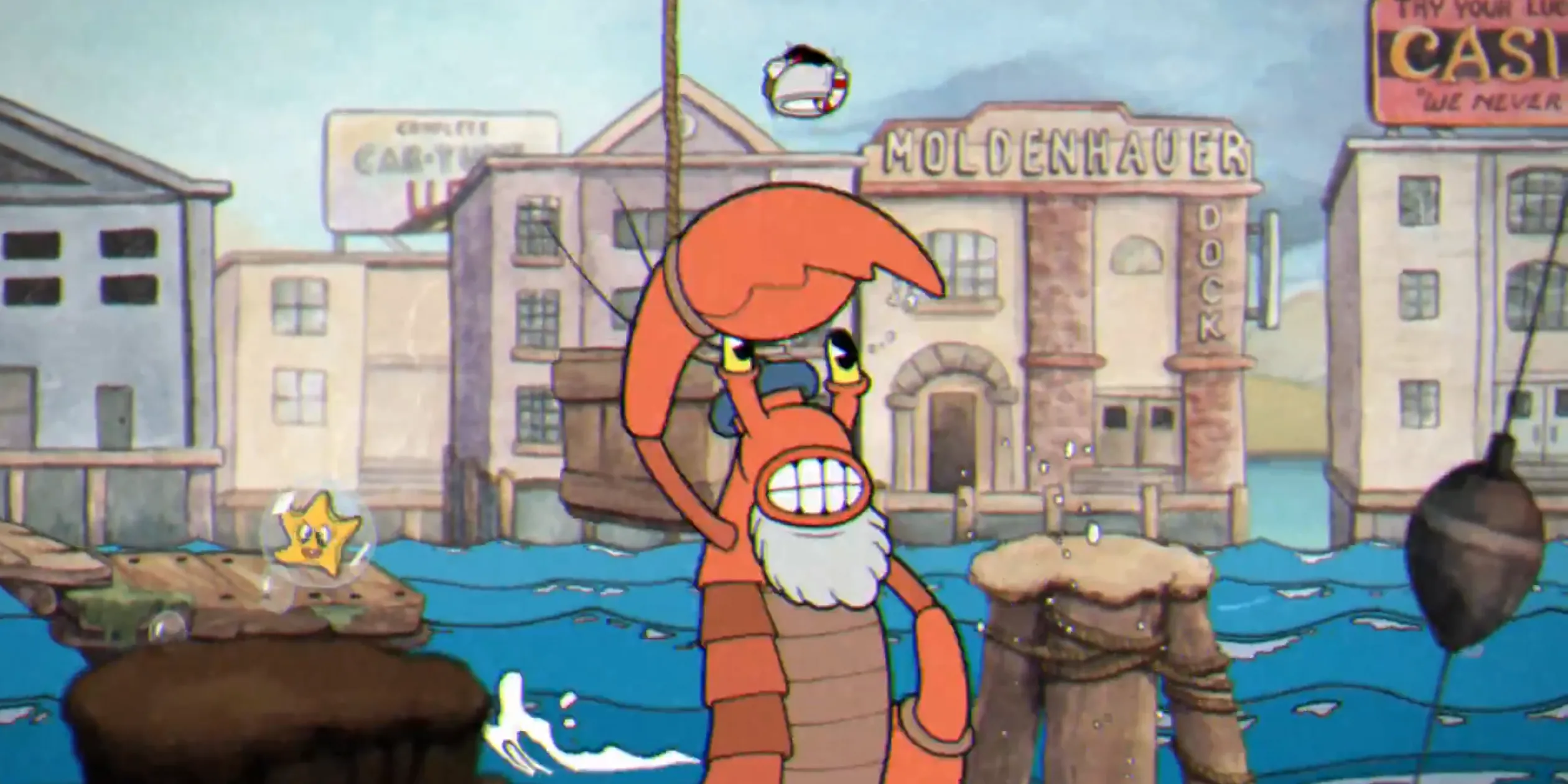 Cuphead ở phân đoạn Perilous Piers với nhiều dự án và kẻ địch trên nền di chuyển