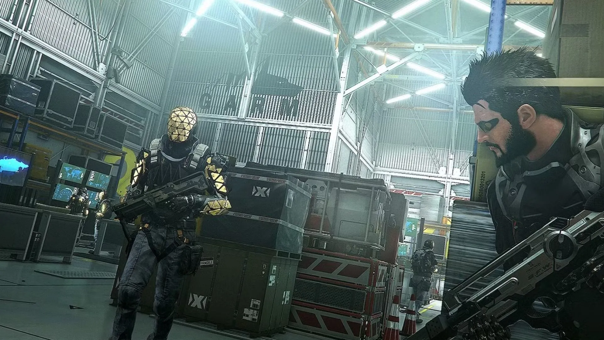 Deus Ex: Mankind Divided - hình ảnh nhân vật với augment kim loại, bối cảnh thành phố mờ tối và đầy âm mưu