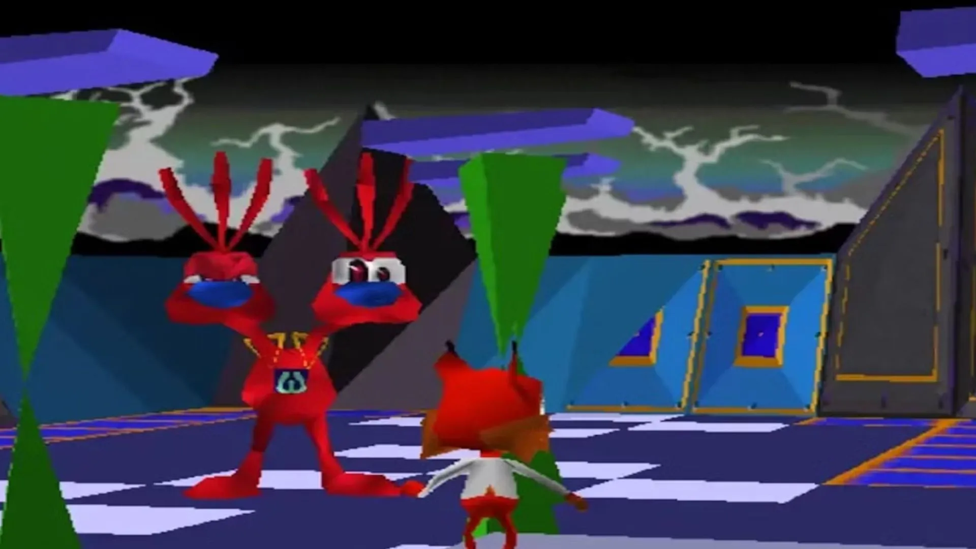 Hình ảnh gameplay Bubsy 3D trên PS1, mô tả đồ họa và khung cảnh nền tảng 3D vụng về