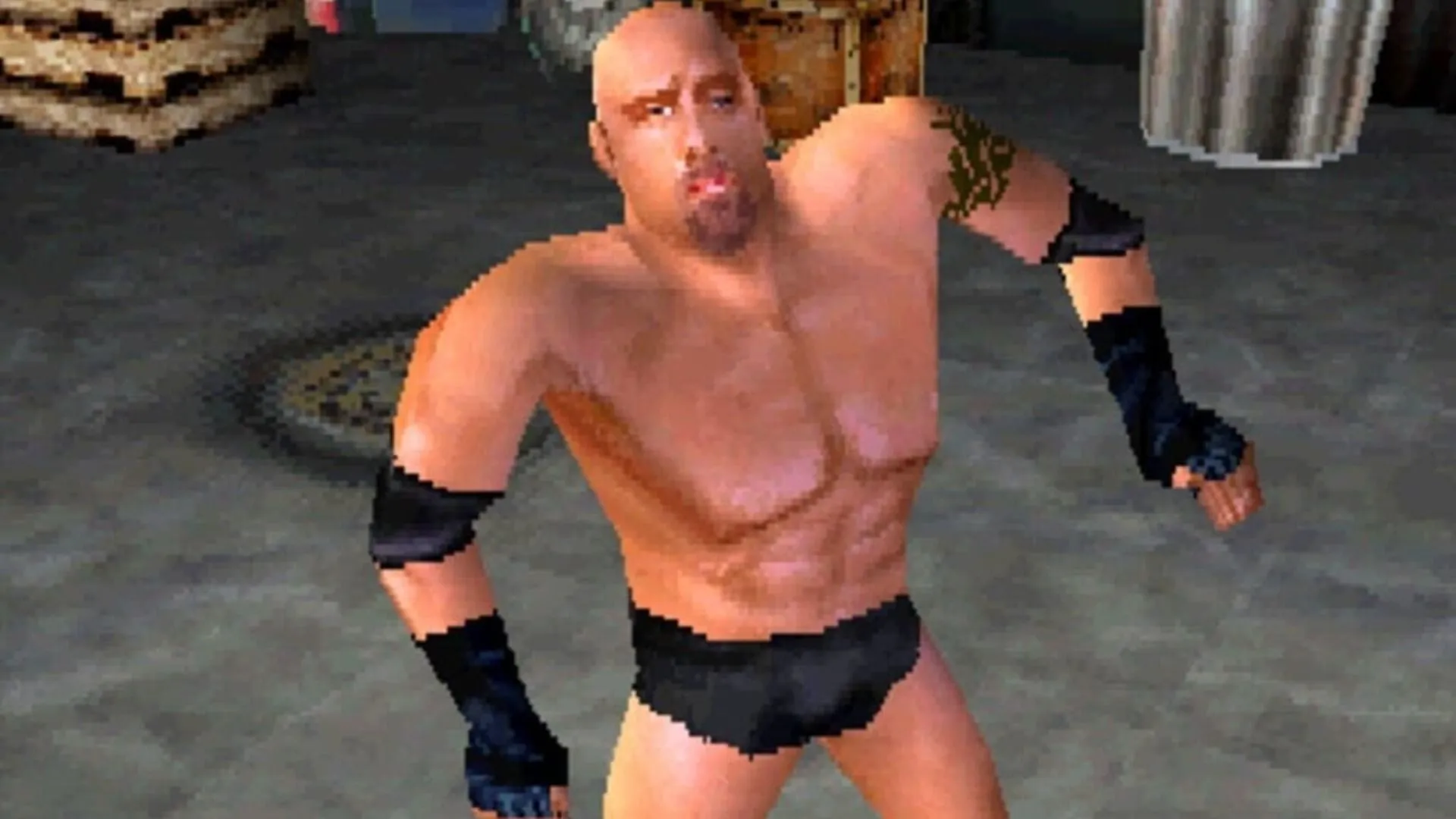 Hình ảnh quảng cáo WCW Backstage Assault, mô tả đấu vật hậu trường và phong cách thiết kế tệ