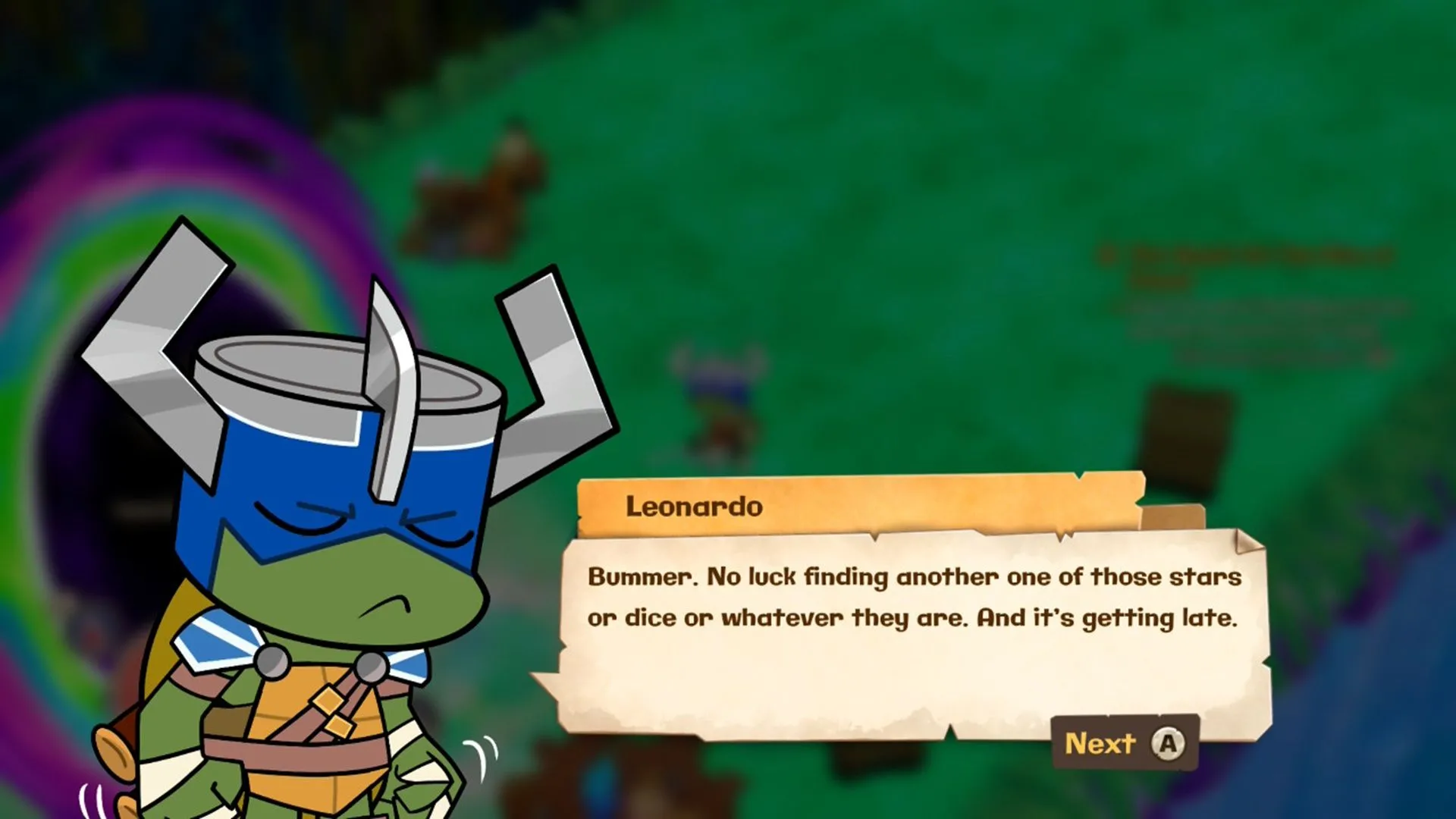 Leo (TMNT) trong cảnh đối thoại đóng góp phần kể chuyện của game