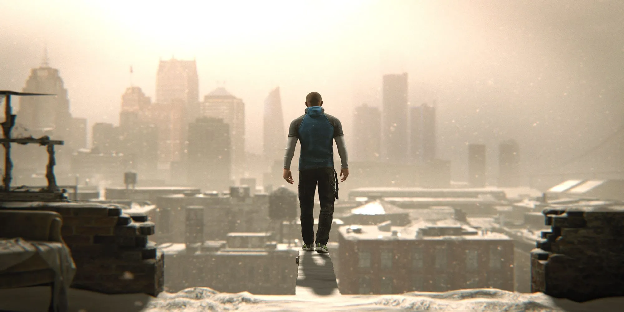 Markus đứng trên mép tòa nhà trong Detroit: Become Human, biểu tượng của cuộc cách mạng android