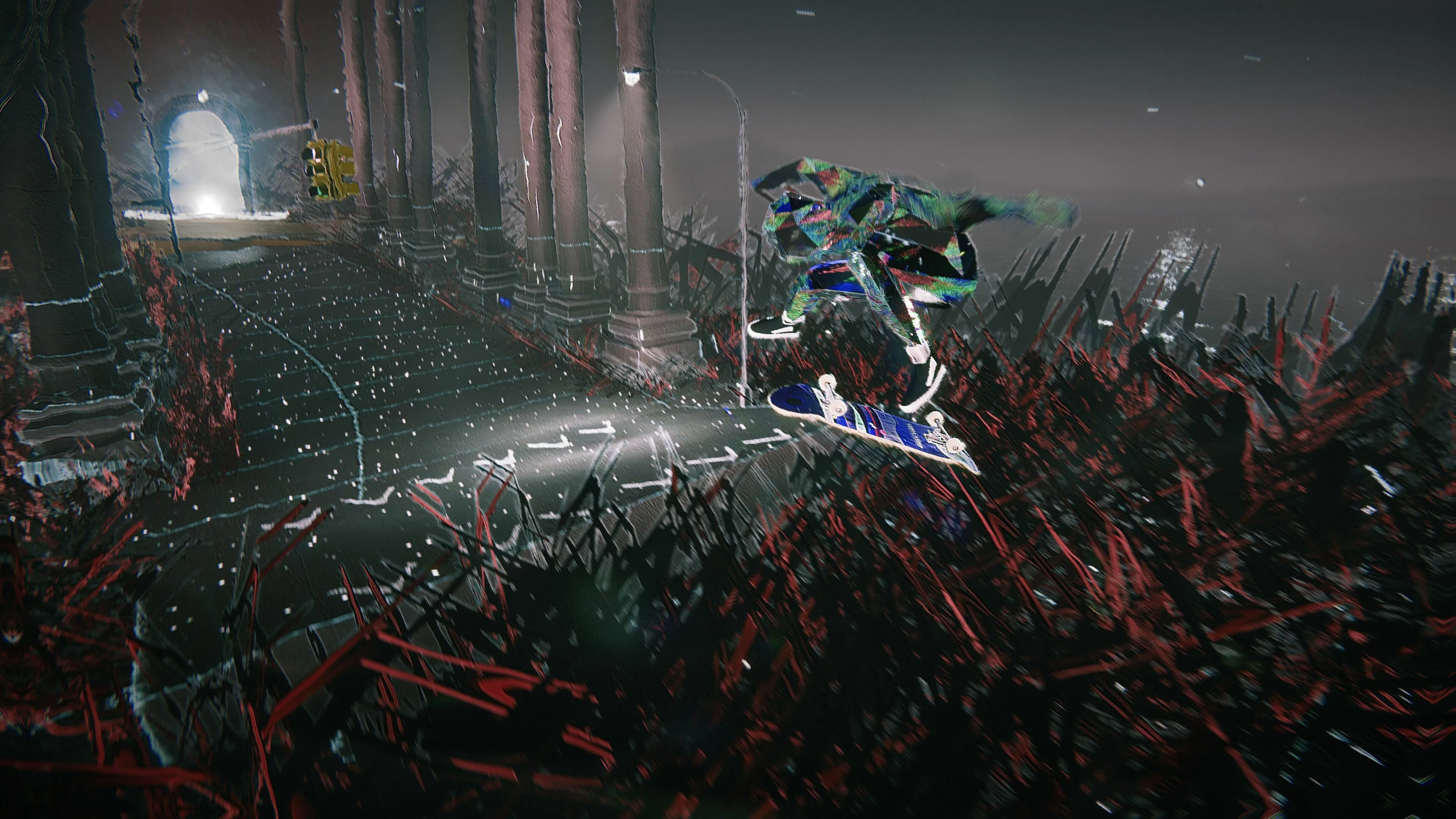 Nhân vật trượt ván trong Skate Story giữa cảnh quan siêu thực, combo trick và tương tác NPC