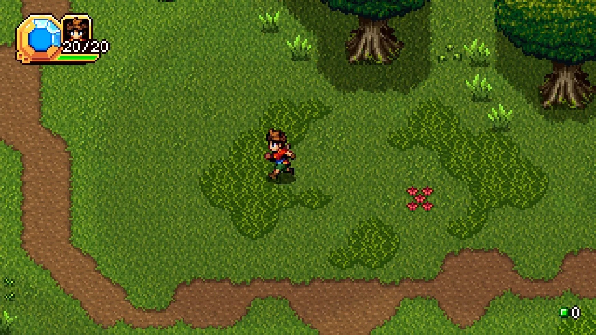 Rio chạy qua làng Yurill dưới ánh nắng, khung cảnh sprite 16-bit sống động