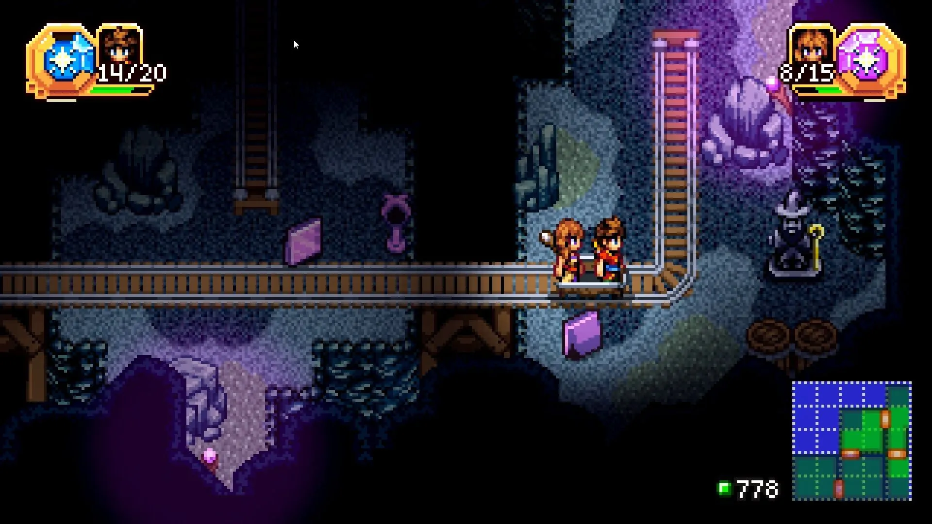 Rio và Reima lao trên xe mỏ, pha hành động nhẹ nhàng trong dungeon lớn
