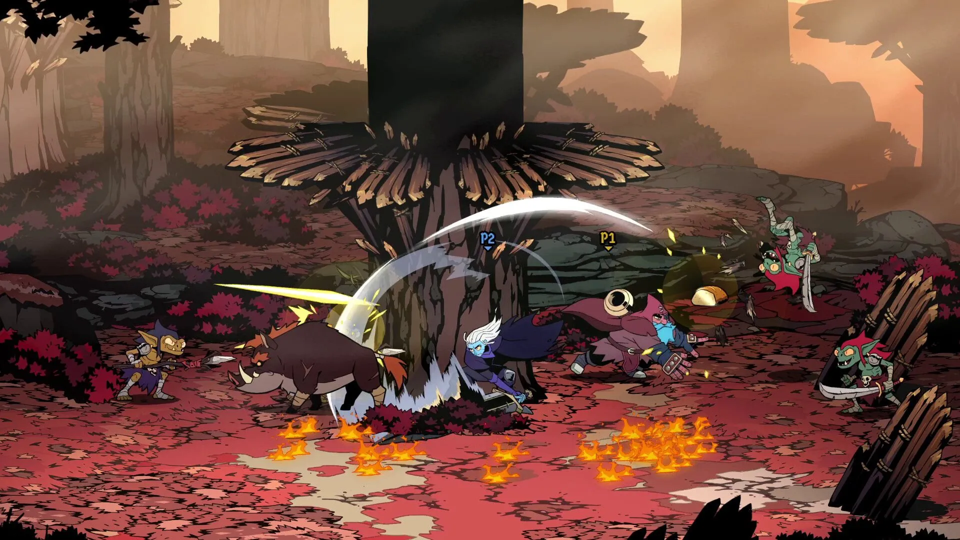 Screenshot Absolum: combat rực màu với nhiều hiệu ứng ritual và Arcana xuất hiện, thể hiện sự phong phú trong build