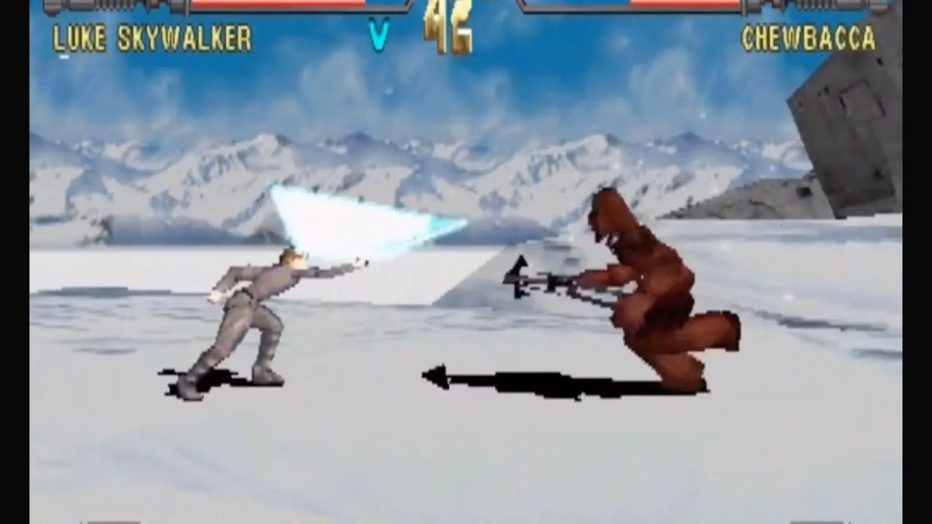 Screenshot chiến đấu Star Wars: Masters of Teras Kasi trên PS1, mô tả nhân vật và khung cảnh chiến trường