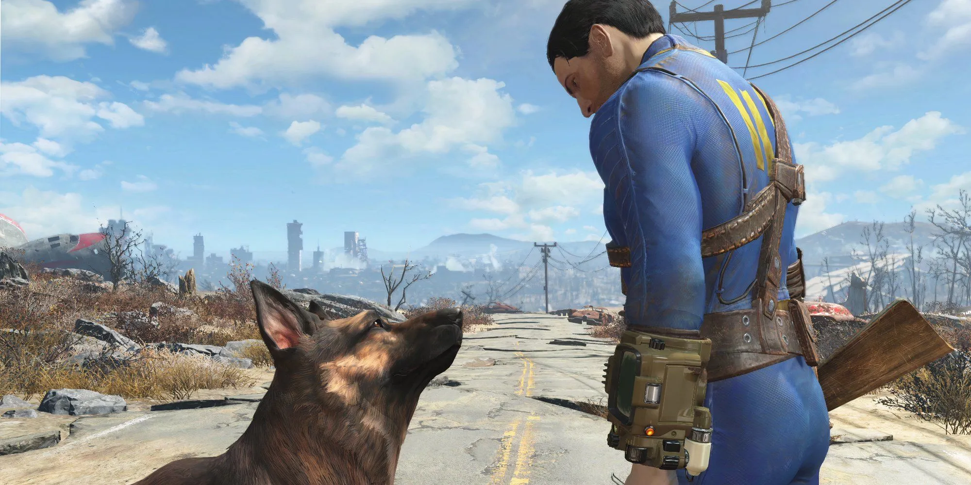 Sole Survivor tương tác với Dogmeat ngoài vùng hoang tàn trong Fallout 4, biểu tượng của khám phá hậu tận thế